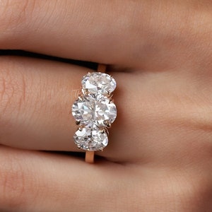 Three Stone Oval Ring 3CT Total Oval Colorless Moissanite Ring, Oval Engagement Ring 14K Rose Gold Wedding Ring 3 Stone Moissanite Ring Oval