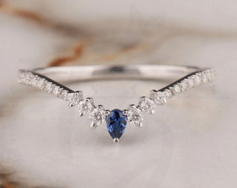 Moissanite Chevron wedding band Vintage Blue Sapphire Curved stacking wishbone ring Solid 10K/14Kgold/Platinum band anniversary promise ring