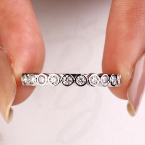 Bezel Set Wedding Band Colorless Round Brilliant Cut Moissanite Anniversary Band Matching Band For Engagement Ring 3/4 Eternity band in Gold