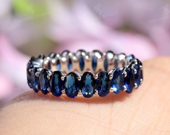 Blue sapphire band, Oval Eternity band, White gold women's wedding band, Oval cut rose gold rings, lab sapphire gold ring Anniversary ring