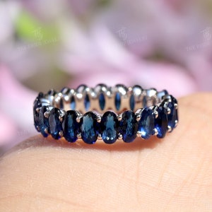 Blue sapphire band, Oval Eternity band, White gold women&#39;s wedding band, Oval cut rose gold rings, lab sapphire gold ring Anniversary ring