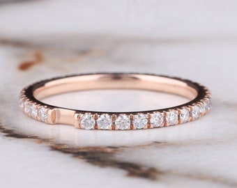 Pave Set Rose Gold wedding Band Women Notched Band Moissanite Stacking Band Anniversary Band Matching Band Full eternity Dainty Diamond Band