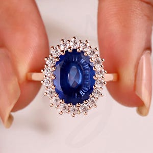 Oval Lab Created Sapphire 14k Solid Gold Engagement Rings For Women Blue Gemstone Ring Princess Diana Ring September Birthstone Promise Ring