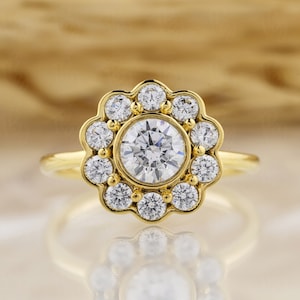 14k Solid Gold Ring Low Profile Engagement Ring Floral Cluster Moissanite Ring Moissanite Halo Ring Bezel Set Wedding Ring Anniversary Gift