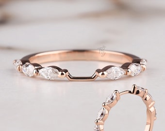 Marquise Cut Bubble Ring gekerbt Ehering, 14K Rose Gold Band, Half Eternity Bubble Prong Set Ring Jubiläum Band Hochzeitsbänder Frauen