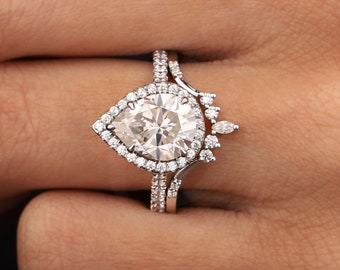 Anillo de boda en forma de pera conjunto lágrima halo anillo nupcial Art Déco banda de apilamiento curvada anillo de compromiso de corte de pera mejor regalo de aniversario para ella