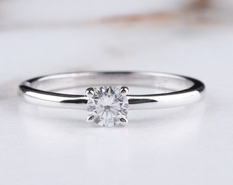 Round Cut 4mm Moissanite Ring, Dainty Promise Proposal Anniversary Ring, Engagement Stacking Ring, Thin Gold Everyday ring, Minimalist Ring