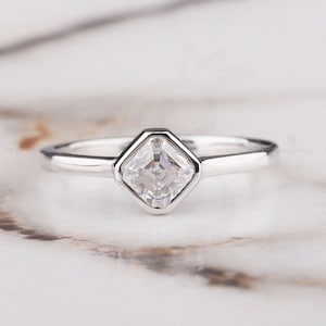 Bezel Set Asscher Cut Solitaire Moissanite Engagement Ring 14K Gold Dainty Moissanite Ring East West set Asscher Cut Solitaire Promise Rings