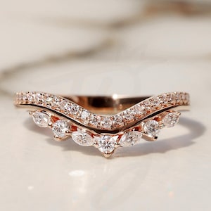 Vintage Moissanite Double Curved Wedding Band Rose Gold Moissanite Ring Enhancer Stacking Matching Promise Custom Wedding Rings For Women