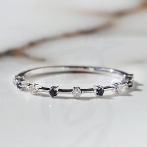 Solid Gold Sapphire Wedding Band 14k Gold Eternity Ring for Women Thin Stacking Ring Blue Gemstone Ring Minimalist Station Matching Ring Her