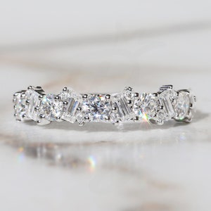 Multi-Shaped moissanite Eternity Band Solid 10K/14K gold Mixed Diamond Ring Multi Shape Diamond Cluster Ring Round and Baguette Wedding band