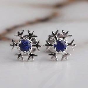 Christmas Snowflake Earrings Sterling Silver Stud Earrings Gift for Women Jewelry for Women Fall Earrings Tiny Snowflake Blue Sapphire Studs