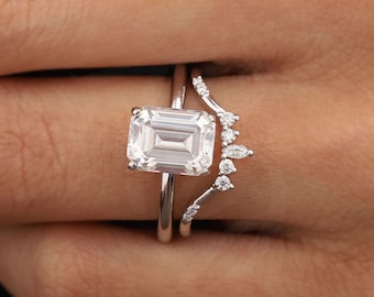 Ensemble de bagues de mariage en moissanite taille émeraude Art déco incurvée pour bague de fiançailles solitaire taille émeraude en or blanc 14 carats