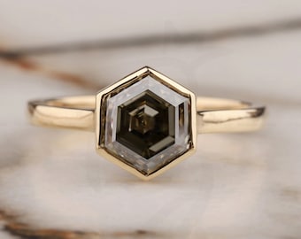 Bezel Set Hexagon Cut Grey-Gray Moissanite Engagement Ring 14K Solid Yellow Gold Ring Low Profile Solitaire Ring Anniversary Gift For Women