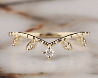 Florenz Blatt Hochzeit Band, Vintage Blatt Band, Moissanit Hochzeit Band, Waldhochzeit, Gartenhochzeit, 14K 18K Gold gebogener Ehering