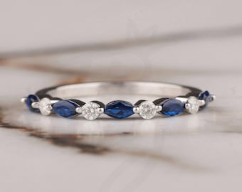 Marquise & Round Alternate Stacking Wedding Band in 10K/14K Solid White Gold Moissanite and Blue Sapphire Eternity Band Bubble ProngSet band