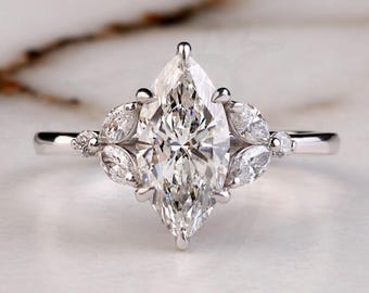Marquise Engagement ring Lab Grown Diamond Diamond Ring, Engagement Ring, Side marquise Cut Diamond, Gold Anniversary Ring her, Gift for her