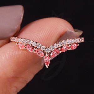 Rose Gold Marquise Curve Ring, Vivid Pink Diamond Wedding Band for Woman, Diamond Chevron Ring, Stackable Ring Enhancer for Solitaire Ring
