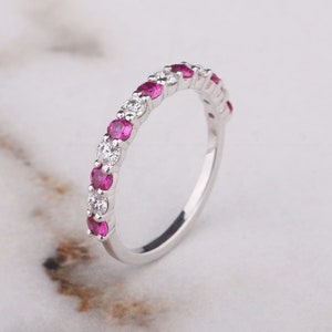 Anniversary Band Moissanite and ruby, Alternate Wedding Band Shared Prong Half Eternity Stacking Matching Bands 14K Gold Ruby diamond band