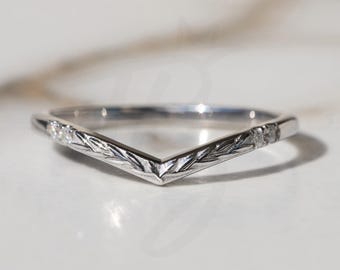 Moissanite Curved Wedding Band Solid Gold Wedding Ring Moissanite Stacking Matching Ring Personalized Gift For Her Nature Inspired Leaf Band