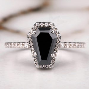 2 CT Coffin Cut Black Moissanite Ring, Halo Engagement Ring, Unique Wedding Ring, Black Coffin Ring For Anniversary Gift, White Gold Ring