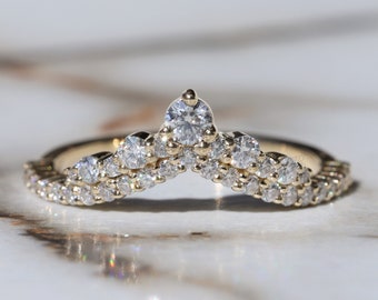 Vintage Chevron Band Moissanite Tiara Wedding Band V shape band Antique Wishbone wedding ring Platinum promise ring Anniversary band ring