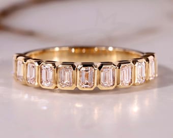 Fede nuziale con diamanti, anello di fidanzamento con diamanti incastonati in oro massiccio 14k, taglio smeraldo, incastonato in castone, anello di fidanzamento con diamanti incastonati in laboratorio, anello nuziale, anello impilabile