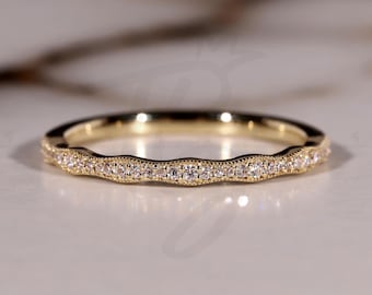 Vintage Diamond Female Wedding Band,14K Yellow Gold Band Ring,Unique Milgrain Wedding Band,Stacking Matching Band,Anniversary Ring for Women