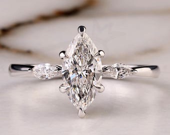 2 CT Marquise Cut Lab Grown Diamond Three Diamond Stone Ring, Engagement Ring, Side marquise Cut Diamond, Anniversary Gift, Ring for women's