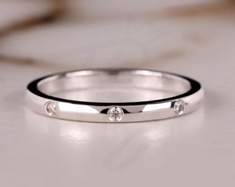 Jonc diamants sertis affleurant, bague diamant délicate, alliance en or massif 14 carats et diamants pour femme, bague empilable, cadeau d'anniversaire, larges anneaux en or