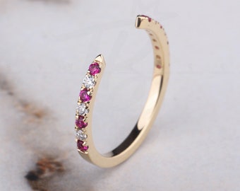 Alternate July Birthstone Ruby and Moissanite Pave set Open Wedding Band Women Stackable Anniversary Band Matching Open Spacer Ring Gap Ring