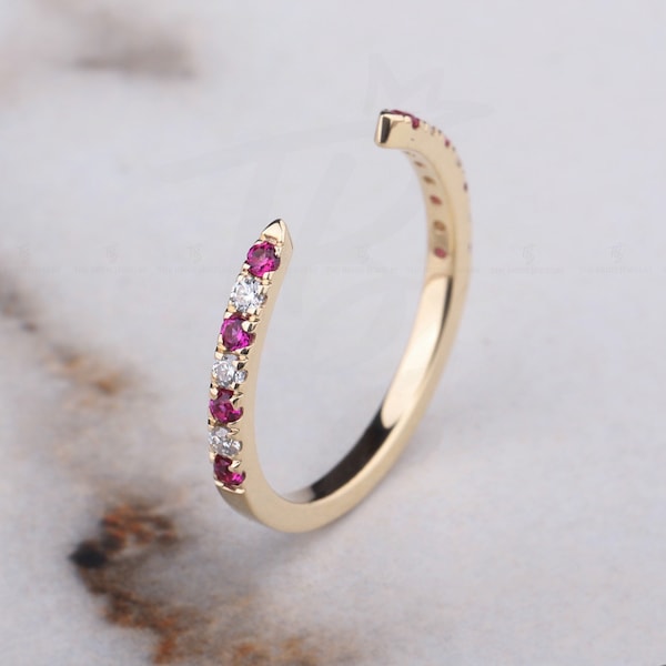 Alternate July Birthstone Ruby and Moissanite Pave set Open Wedding Band Women Stackable Anniversary Band Matching Open Spacer Ring Gap Ring