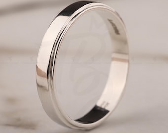 14k Solid Yellow Gold Flat Wedding Band, 4mm Gold Ring, Classic Flat Comfort Fit Wedding Band, Men and Women's Engraved Ring Solid Gold Ring