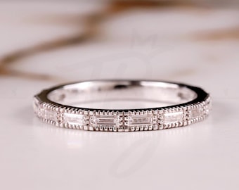 Baguette diamantring, 14k guld baguette diamant milgrain bezel set 3/4 alliansring, diamant stapelring, minimalistisk diamantvigselring