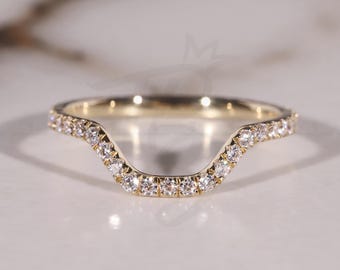Anillo curvo de diamantes en oro amarillo macizo, apilable a juego, realce de anillo curvo de oro macizo de 14 k, anillo sencillo y delicado, alianza de boda.