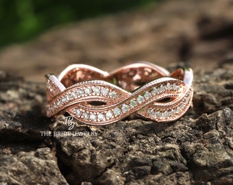 Anillo de boda retorcido de oro rosa de 14k, anillo de boda infinito, anillo de compromiso retorcido, anillo de boda infinito, anillo nupcial de oro rosa con banda de moissanita