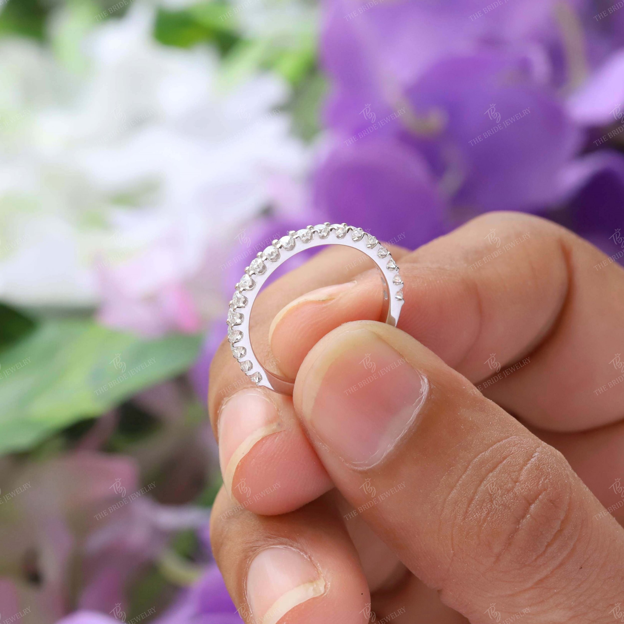 Round Cut Moissanite Wedding Band, Half Eternity Band in White Gold ...