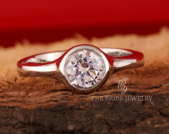 Low Profile Bezel Set Round Moissanite Ring Round Cut Ring 14K White Gold Wedding Ring Classic Ring Round Diamond Ring Unique Bezel Set Ring
