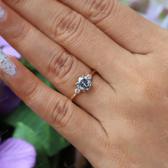 4mm Gray Round Moissanite Three Stone Promise Dainty Everyday Solitaire  4-Prong Engagement Ring 14K Solid Gold Three Stone Anniversary Rings