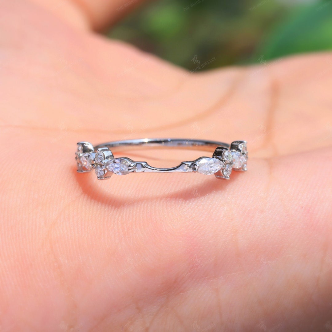 Notched Wedding Band Marquise Moissanite Anniversary Band Alternate Marquise Wedding Band East