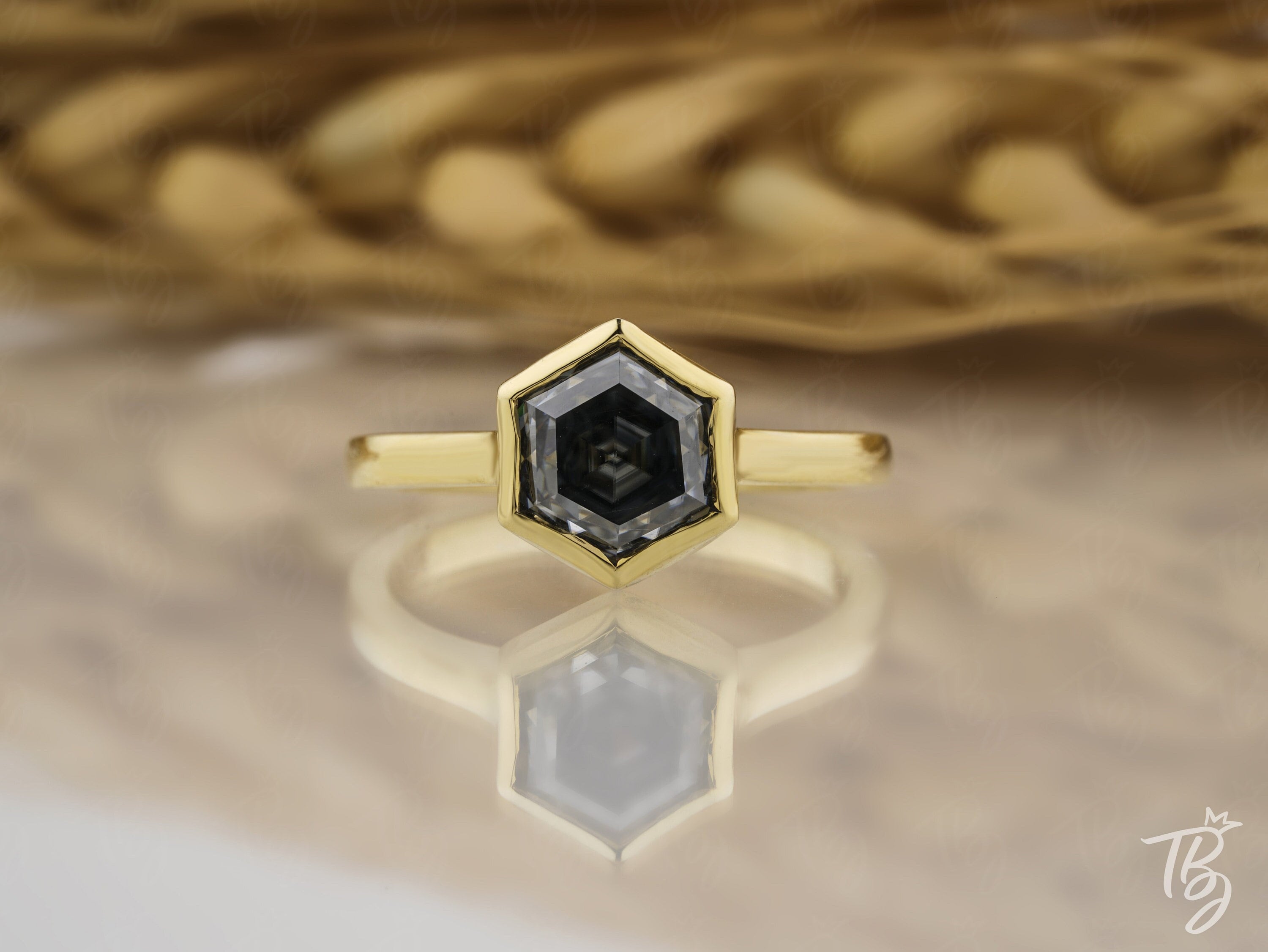 Low Profile Bezel Set Hexagon Cut Grey-Gray Moissanite Engagement Ring  Solitaire Wedding Ring 10K/14K/18K Gold Ring Anniversary Gift ForHer