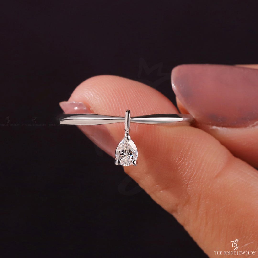 14K White Gold Dangle Diamond Ring, Minimalist Drop Diamond Ring ...