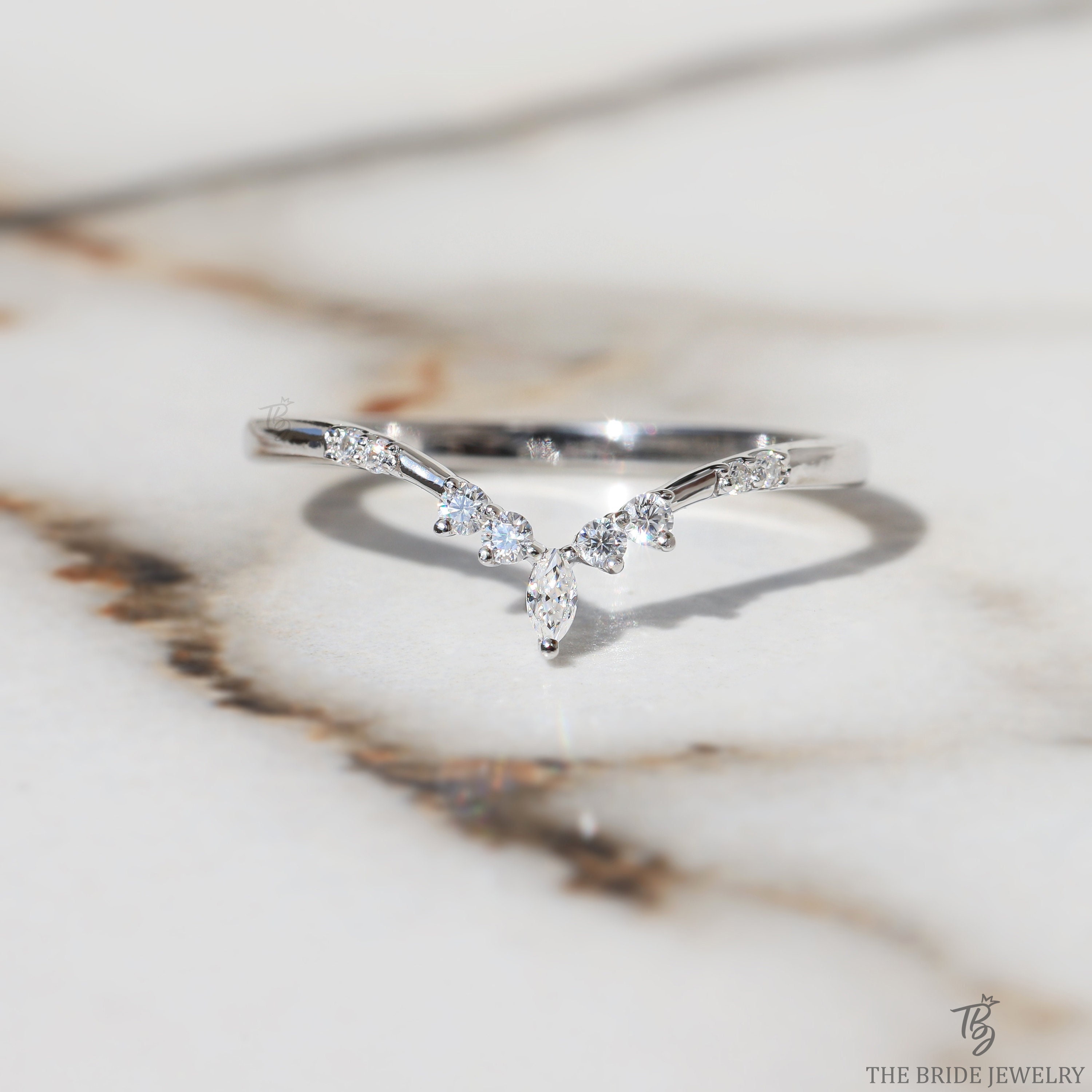 Chevron Wedding Band Moissanite Tiara Band Diamond Chevron V shape Ring Antique Contour Curved wedding ring Unique Anniversary Gift For Her