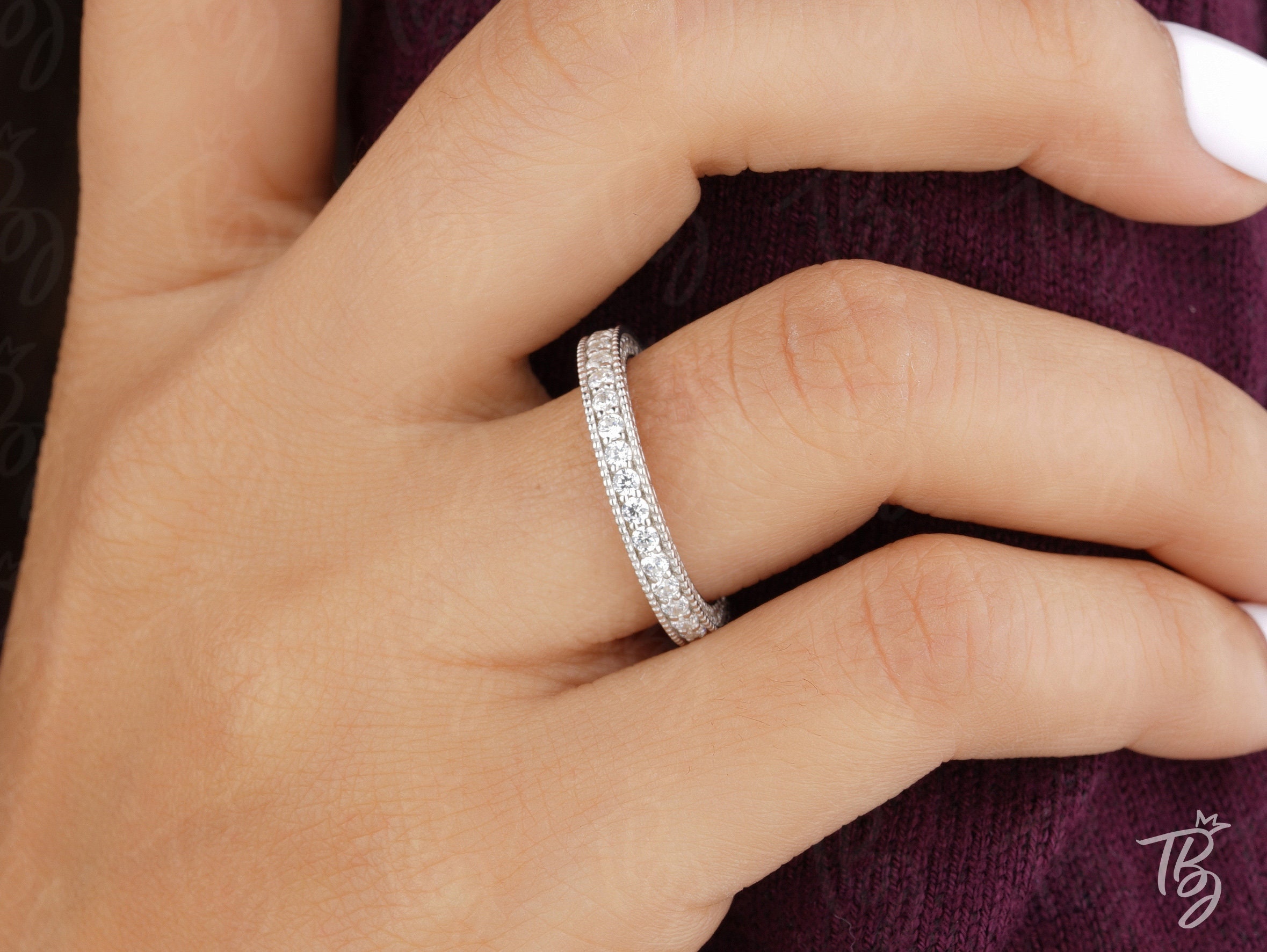 1.20CT 3面パヴェ結婚指輪 14k/18k ゴールド、パヴェブライダルバンド 