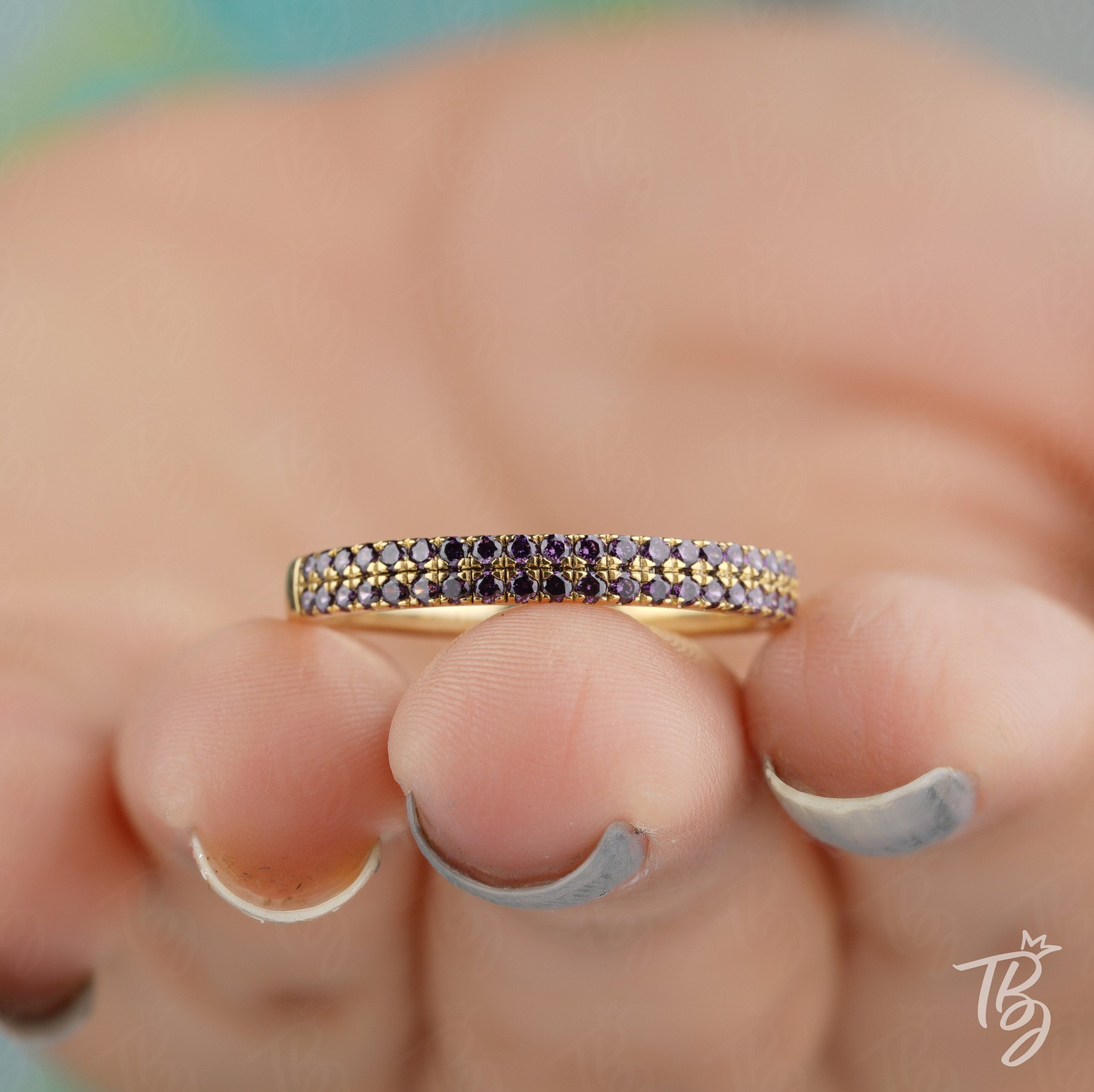 2 Row Amethyst Wedding Band Art Deco Vintage Wedding band Dainty Amethyst Anniversary Band Half Eternity Promise Ring Valentine's Day Sale