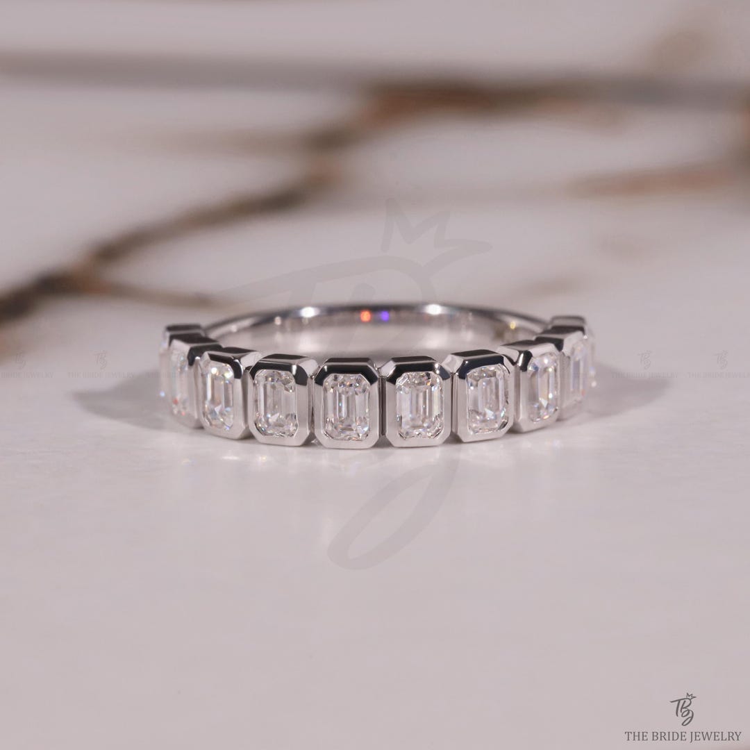 Diamond Wedding Band, 14k Gold Solid Gold Emerald Cut Bezel Set Half ...