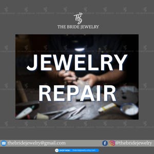 May include: A close-up of a jeweller's workbench with tools and a blurred image of a person working on jewellery. The text "JEWELRY REPAIR" is displayed in large white letters.