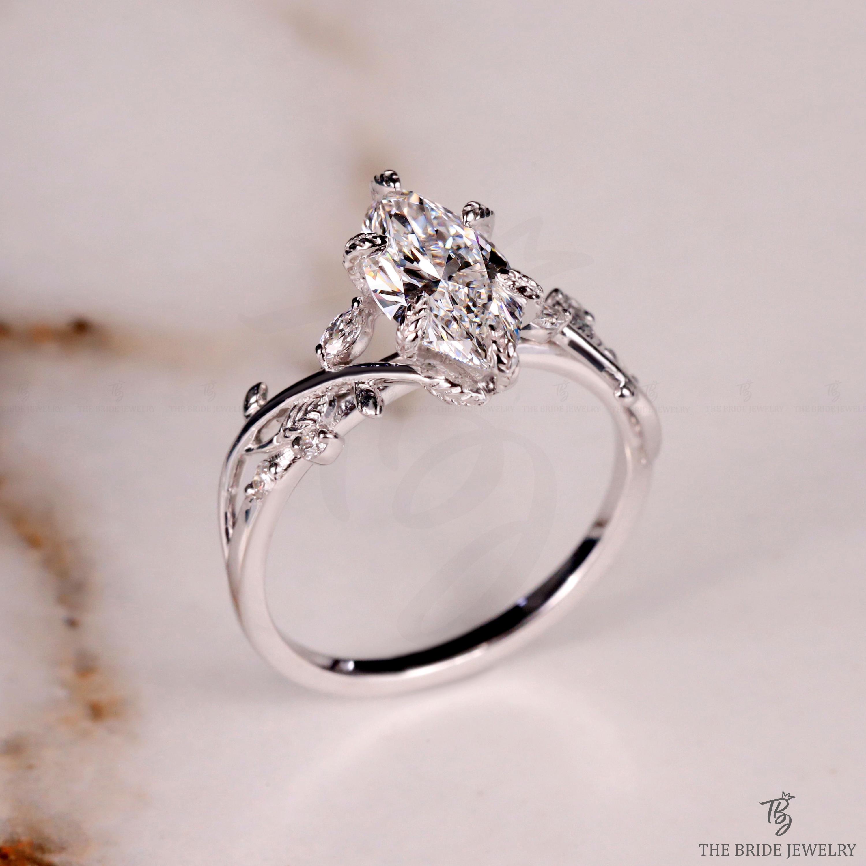 Vintage Lab Grown Diamond Marquise Cut Floral Engagement Ring Leaves ...