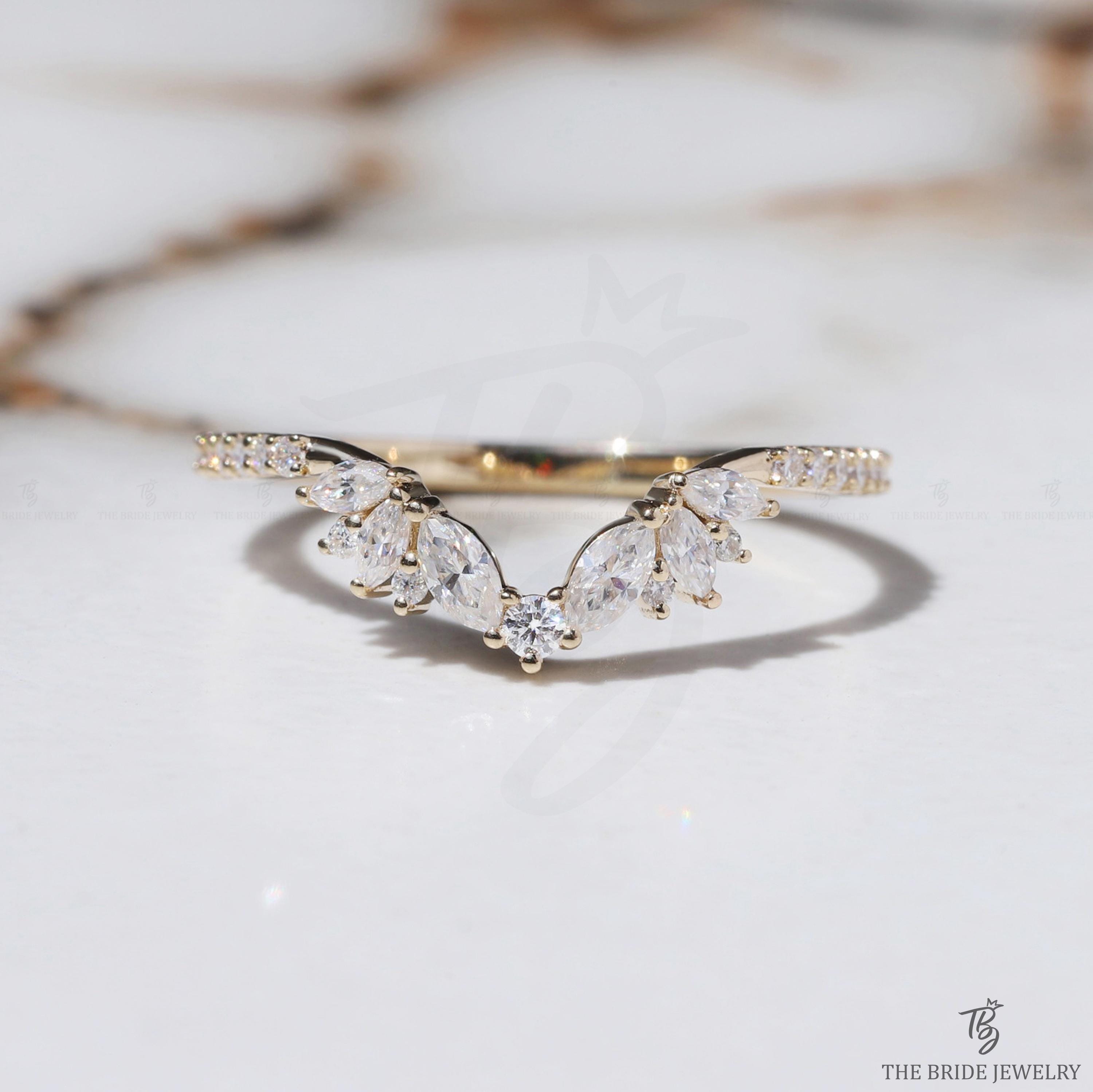 Rose Gold Open ring Delicate Diamond Wedding Band vintage petal engagement ring Delicate Stacking matching curved wedding band bridal ring