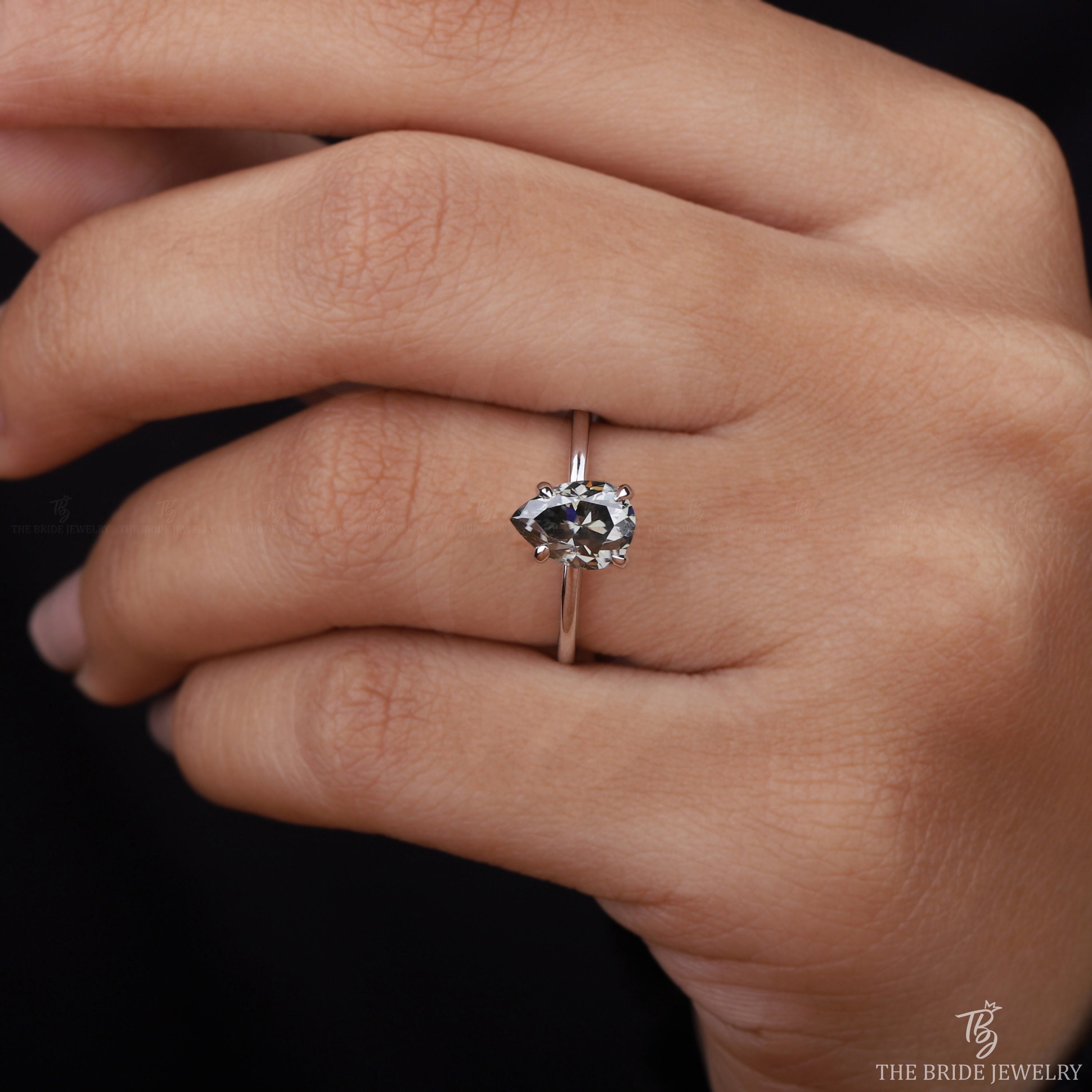 1.50CT Grey-Gray Moissanite Pear Cut Engagement Ring Pear Moissanite Solitaire Wedding Ring Grey Moissanite Anniversary Ring, 14K White Gold
